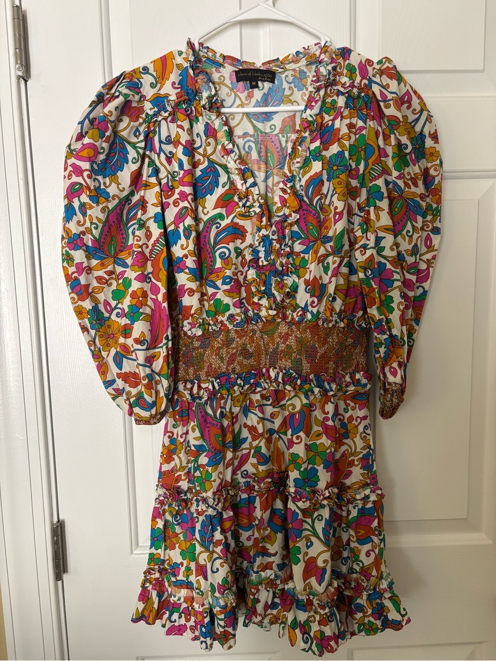 House of Harlow 1960 White Multicolor Paisley Smocked Waist Dress Medium Cotton